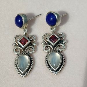 Vintage sterling lapis, garnet & moonstone earrings - beautiful! (No backs)